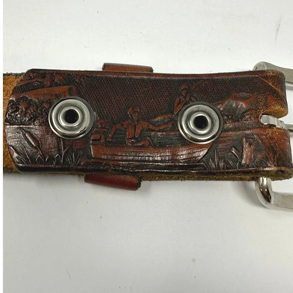 Vintage Tooled Leather Fishing Belt USA Made Bass Scene Preston Brown 32-36